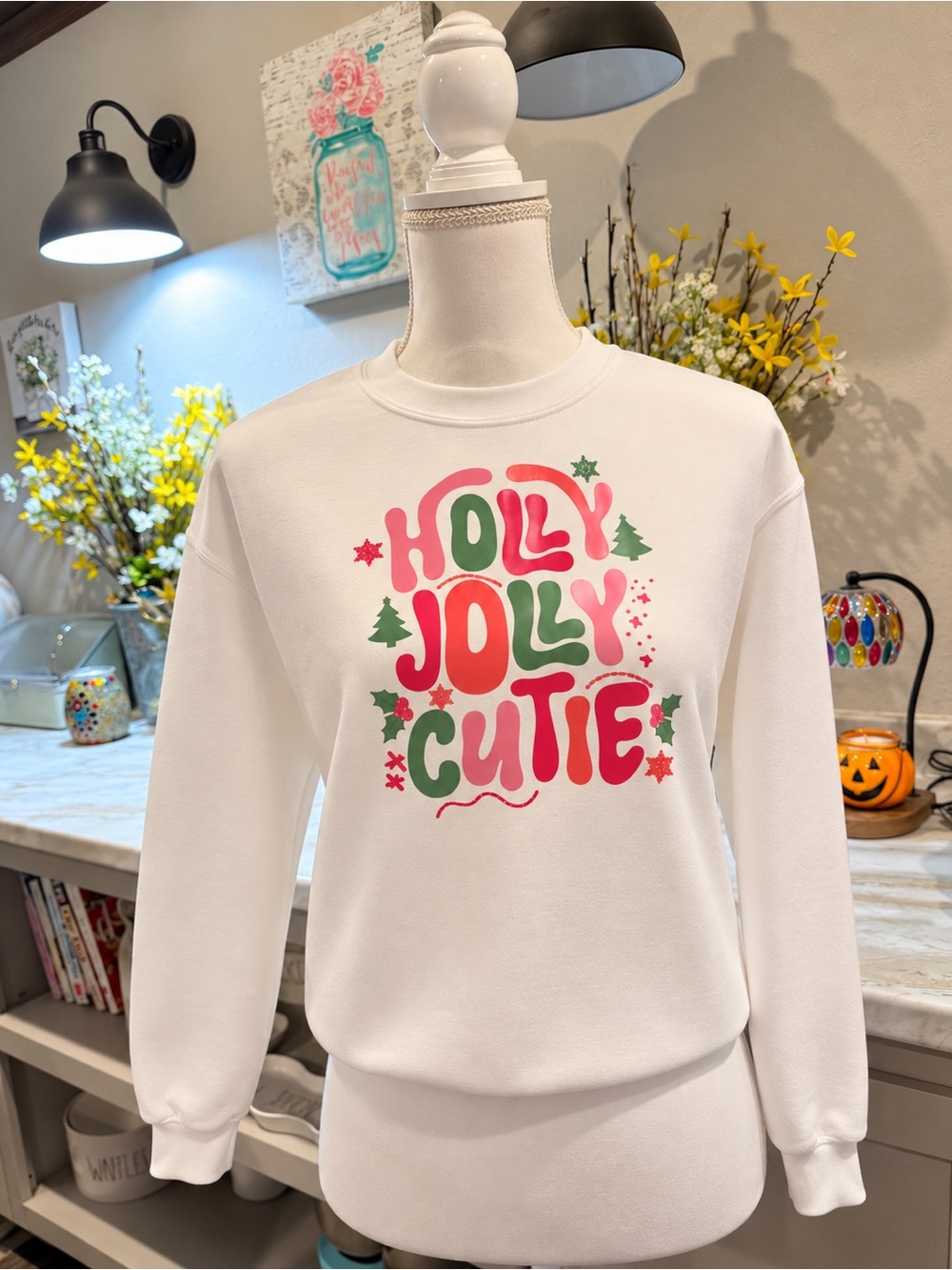 Gildan White Sweatshirt with Pink & Green Holly Jolly Cutie Graphic - Youth/Kid